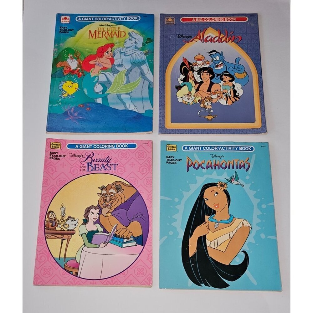 4 VTG Disney Coloring Book Lot Aladdin Little Mermaid Beauty Pocahontas AS IS